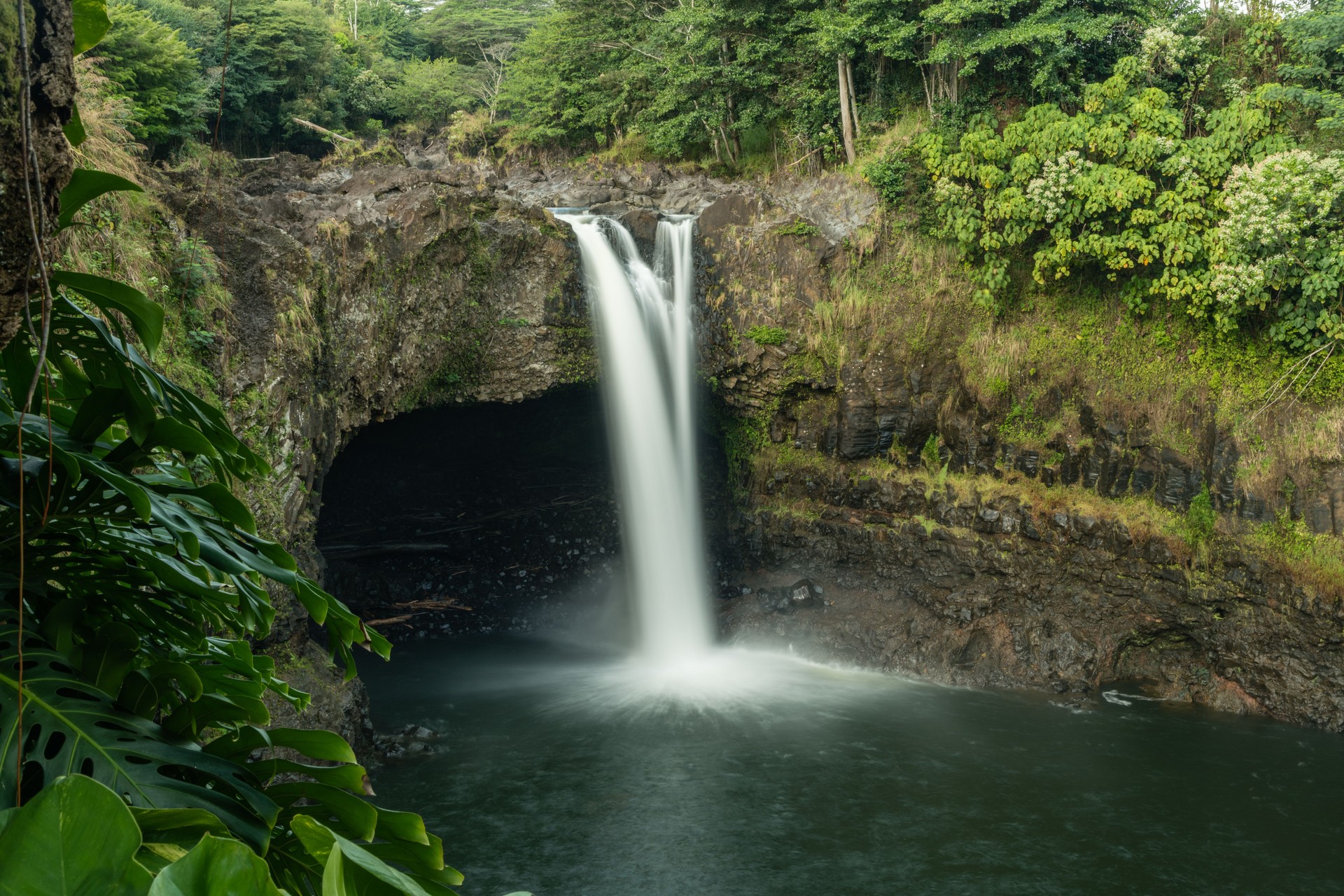 Scenic long exposure Rainbow Falls vista, Hilo, Big Island, Hawaii